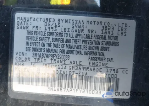 2015 Nissan Sentra Sv z USA, uszkodzony, nr VIN 3N1AB7AP9FY290033